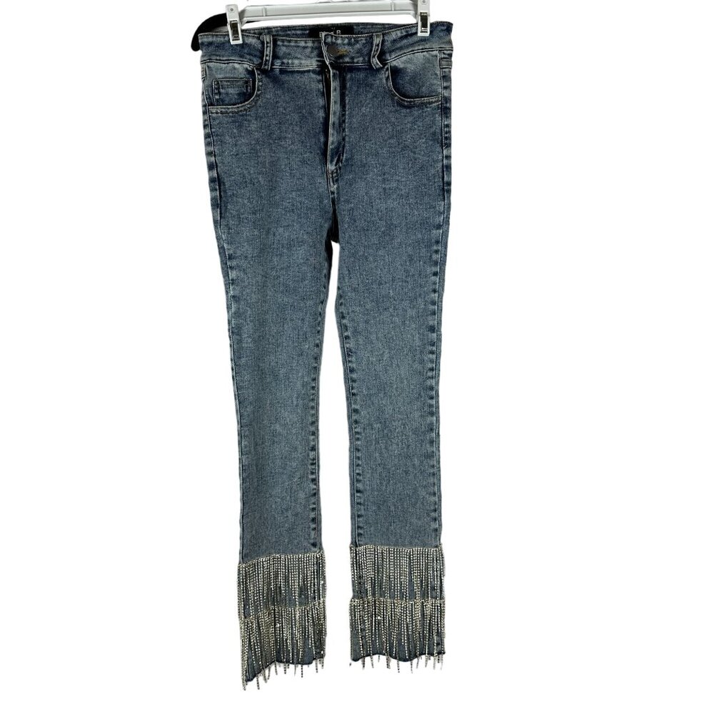 Blue B Collection Womens Size M Light Blue Denim Jeans With Rhinestone Fringe